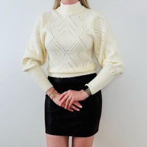 New Express Geometric Knit Pattern Cream Long Sleeve High Neck Sweater Top